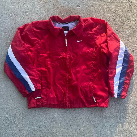 Vintage 90s Nike Spell Out Red Windbreaker White Navy Stripe Zip Up 8 10 M - Picture 1 of 6